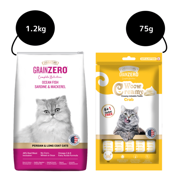 Signature Grain Zero Ocean Fish, Sardine and Mackerel Long Coat & Persian Adult Cat Dry Food and Grain Zero Crab Lickable Creamy Cat Treats Combo - 1.2kg+75g