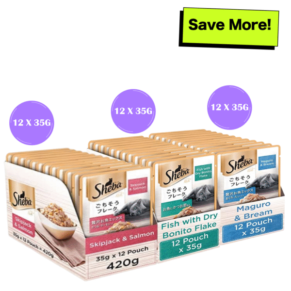 Sheba Skipjack & Salmon, Dry Bonito Flake and Maguro & Bream Fish Mix Premium Cat Wet Food Combo - 36x35g
