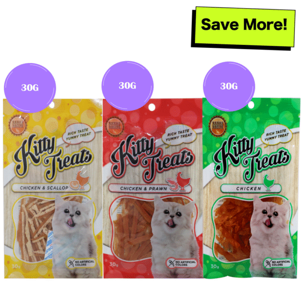 Kitty Treats Chicken with Scallop, Chicken with Shrimp Flavour and Soft Chicken Jerky Sliced Cat Treats Combo - 30g+30g+30g