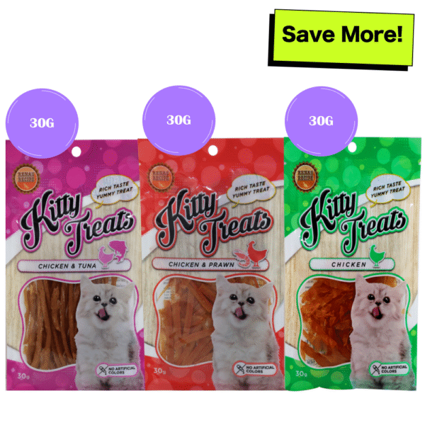 Kitty Treats Soft Chicken and Tuna, Chicken with Shrimp Flavour and Soft Chicken Jerky Sliced Cat Treats Combo - 30g+30g+30g