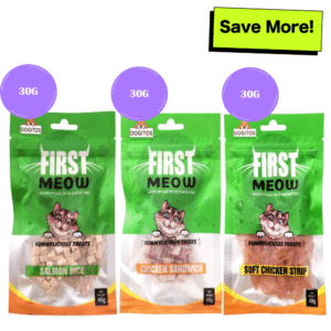 First Meow Salmon Dice, Chicken Sandwich and Soft Chicken Strip Cat Treat Combo - 40g+40g+40g