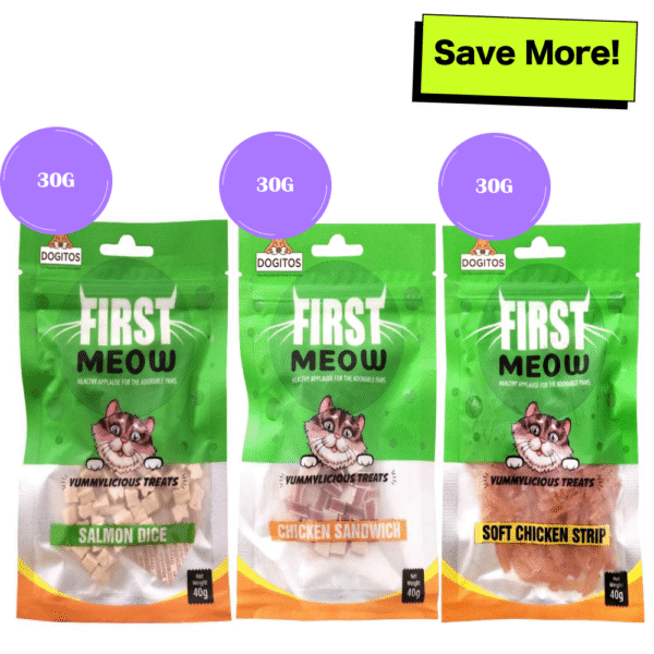First Meow Salmon Dice, Chicken Sandwich and Soft Chicken Strip Cat Treat Combo - 40g+40g+40g
