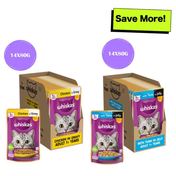 Whiskas Tuna in Jelly Meal and Chicken Gravy Adult Cat Wet Food Combo - 28x80g