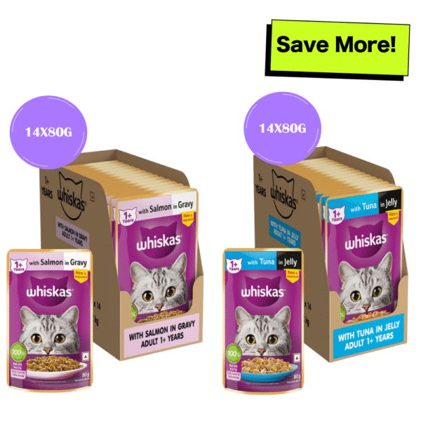 Whiskas Tuna in Jelly Meal and Salmon in Gravy Meal Adult Cat Wet Food Combo - 28x80g