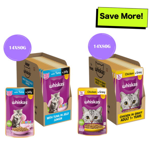 Whiskas Tuna in Jelly Kitten and Chicken Gravy Adult Cat Wet Food Combo - 56x80g