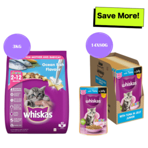 Whiskas Ocean Fish and Tuna in Jelly Kitten Dry and Wet Food Combo - 3kg + 12x85g
