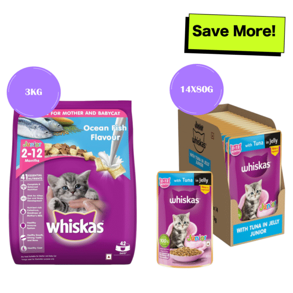 Whiskas Ocean Fish and Tuna in Jelly Kitten Dry and Wet Food Combo - 3kg + 12x85g