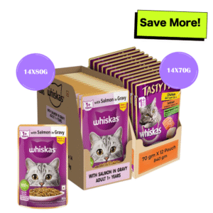Whiskas Salmon in Gravy Meal and Chicken With Salmon Wakame Seaweed in Gravy Tasty Mix Adult Cat Wet Food Combo - 14x80g + 14x70g