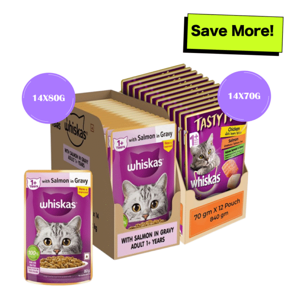 Whiskas Salmon in Gravy Meal and Chicken With Salmon Wakame Seaweed in Gravy Tasty Mix Adult Cat Wet Food Combo - 14x80g + 14x70g