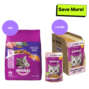 Whiskas Mackerel Flavour and Salmon in Gravy Meal Adult Cat Dry and Wet Food Combo - 3kg + 12x85g