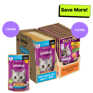 Whiskas Tuna in Jelly Meal and Chicken With Salmon Wakame Seaweed in Gravy Tasty Mix Adult Cat Wet Food Combo - 12x85g + 14x70g