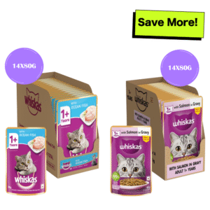 Whiskas Salmon in Gravy Meal and Ocean Fish Adult Cat Wet Food Combo - 12x85g + 14x80g