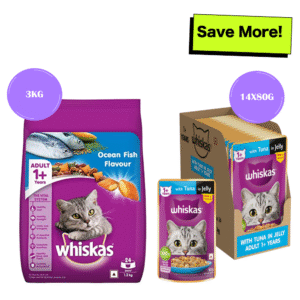 Whiskas Ocean Fish and Tuna in Jelly Meal Adult Cat Wet and Dry Food Combo - 3kg + 14x80g