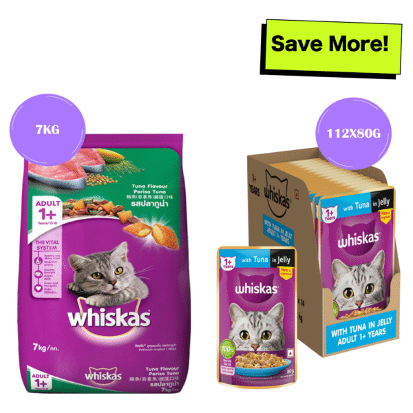 Whiskas Tuna in Jelly Meal Adult Cat Wet Food and Tuna Flavour Adult Cat Dry Food Combo - 112x80g + 7kg