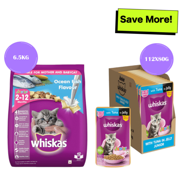 Whiskas Tuna in Jelly Kitten Wet Food and Ocean Fish Kitten Dry Food Combo - 112x80g + 6.5kg