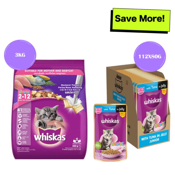Whiskas Tuna in Jelly Kitten Wet Food and Mackerel Flavour Kitten (2 to 12 months) Dry Food Combo - 112x80g + 3kg