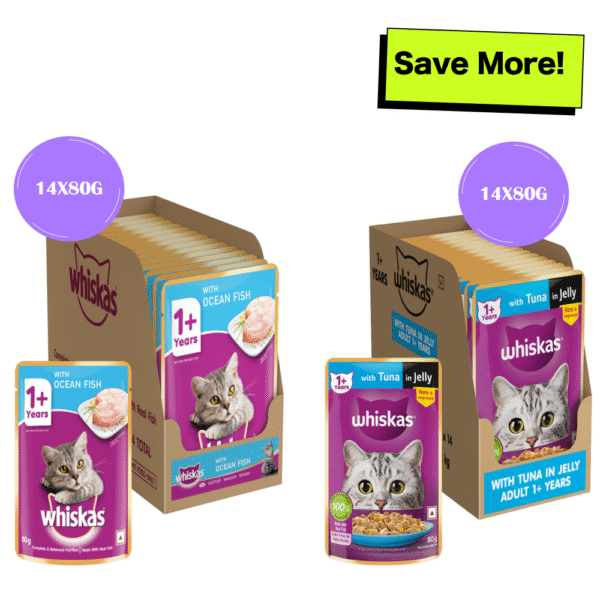Whiskas Tuna in Jelly Meal and Ocean Fish Adult Cat Wet Food Combo - 14x80g + 14x80g