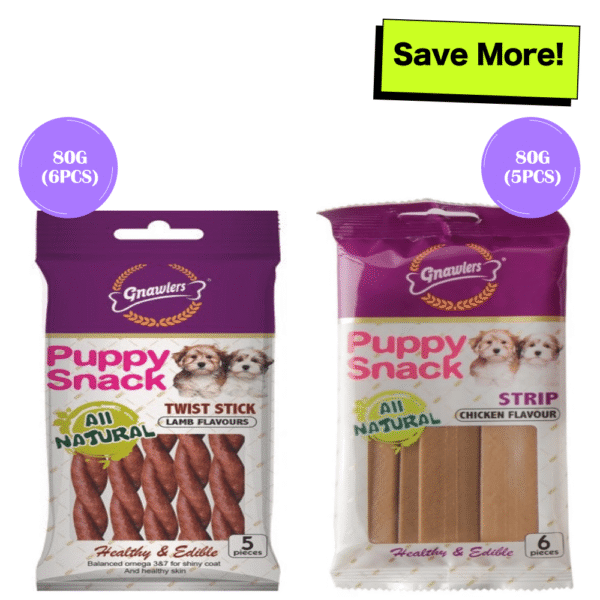Gnawlers Puppy Snack Strip Chicken and Twist Stick Lamb Flavoured Dog Treats Combo - 2x80g (11pcs)