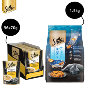 Sheba Tuna Pumpkin & Carrot In Gravy Rich Premium Adult Fine Cat Wet Food and Salmon Flavour Irresistible All Life Stages Cat Dry Food Combo - 48x70g + 1.5kg
