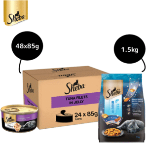 Sheba Pure Tuna Filets in Jelly Premium Cat Wet Food and Salmon Flavour Irresistible All Life Stages Cat Dry Food Combo - 48x85g + 1.5kg