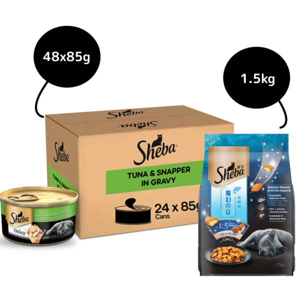 Sheba Complete Nutrition Tuna White Meat & Snapper In Gravy Cat Wet Food and Salmon Flavour Irresistible Cat Dry Food Combo - 48x85g + 1.5kg