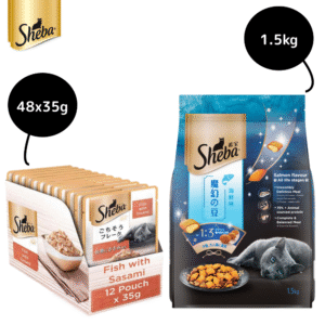 Sheba Fish with Sasami Premium Cat Wet Food and Salmon Flavour Irresistible All Life Stages Cat Dry Food Combo - 96x35g + 1.5kg