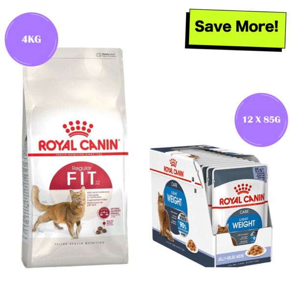 Royal Canin Fit 32 Dry Food and Light Weight Care Gravy Wet Adult Cat Food Combo - 4kg(Dry)+12x85g(Wet)