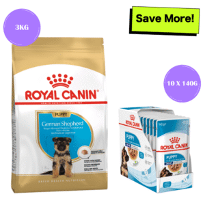 Royal Canin German Shepherd Dry Food and Maxi Puppy Dog Wet Food Combo - 3kg(Dry)+10x140g(Wet)