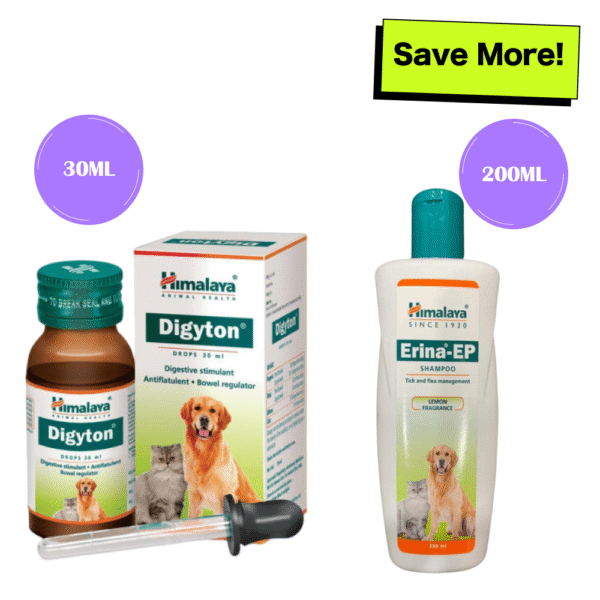 Himalaya Digestive Stimulant Digyton Drops and Erina EP Tick and Flea Shampoo for Dogs and Cats Combo - 30mL+200mL