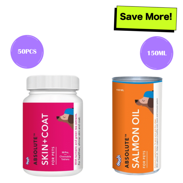 Drools Absolute Skin & Coat Tablets and Salmon Oil Syrup Supplement for Dogs Combo - 50pcs+150mL