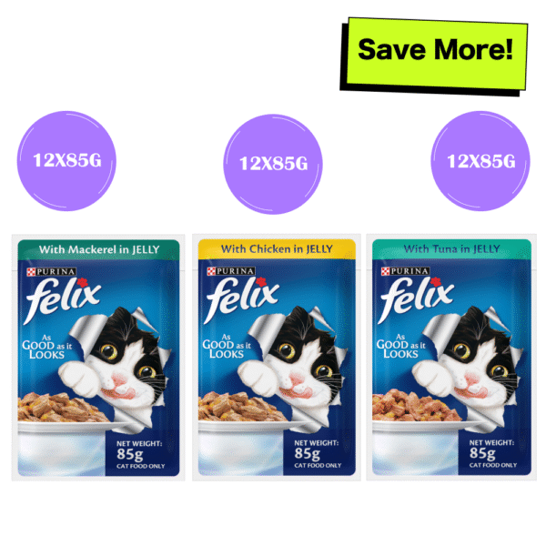 Purina Felix Mackerel with Jelly, Chicken with Jelly and Tuna with Jelly Adult Cat Wet Food Combo - 36x85g
