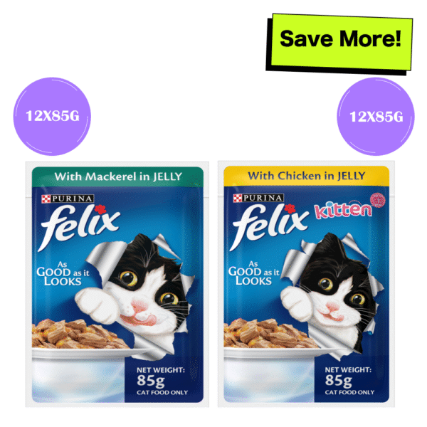 Purina Felix Mackerel with Jelly Adult and Chicken with Jelly Kitten Cat Wet Food Combo - 24x85g