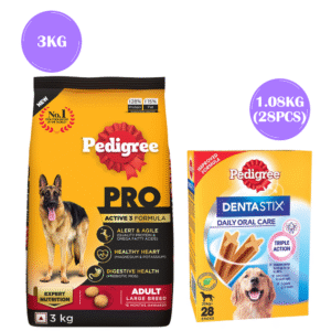 Pedigree PRO Expert Nutrition Active Adult (18 Months Onwards) Large Breed Dry Food and Dentastix Oral Care for Adult (Large Breed of 25 kg+) Treats Combo for Dogs - 10kg+2x270g(14pcs)