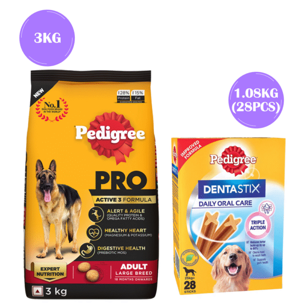 Pedigree PRO Expert Nutrition Active Adult (18 Months Onwards) Large Breed Dry Food and Dentastix Oral Care for Adult (Large Breed of 25 kg+) Treats Combo for Dogs - 3kg+1.08kg(28pcs)