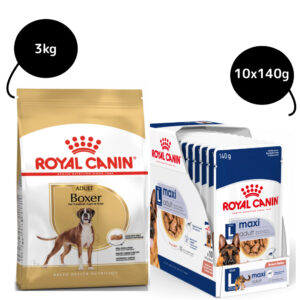 Royal Canin Boxer Dry Food and Maxi Adult Dog Wet Food Combo - 3kg(Dry)+10x140g(Wet)