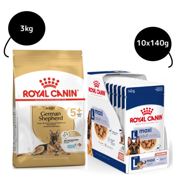 Royal Canin German Shepherd 5+Dry Food and Maxi Adult Dog Wet Food Combo - 3kg(Dry)+10x140g(Wet)