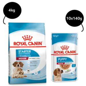 Royal Canin Medium Starter Dry Food for Medium Breed Dog and Puppies and Medium Puppy Dog Wet Food Combo - 4kg(Dry)+10x140g(Wet)