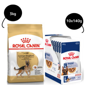 Royal Canin German Shepherd Dry Food and Maxi Adult Dog Wet Food Combo - 3kg(Dry)+10x140g(Wet)
