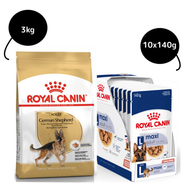 Royal Canin German Shepherd Dry Food and Maxi Adult Dog Wet Food Combo - 3kg(Dry)+10x140g(Wet)