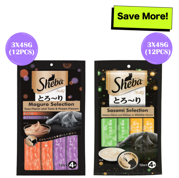 Sheba Chicken & Chicken Whitefish Sasami and Tuna Flavor and Tuna & Prawn Maguro Selection Melty Premium Cat Treats Combo - 6x48g (24pcs)