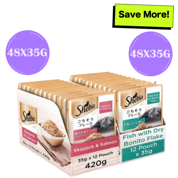 Sheba Skipjack Salmon Fish Mix and Fish with Dry Bonito Flake Cat Wet Food Combo - 96x35g