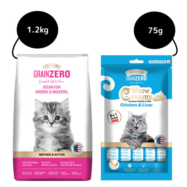 Signature Grain Zero Ocean Fish, Sardine and Mackerel Mother and Kitten Cat Dry Food and Grain Zero Chicken and Liver Lickable Creamy Cat Treats Combo - 1.2kg+75g