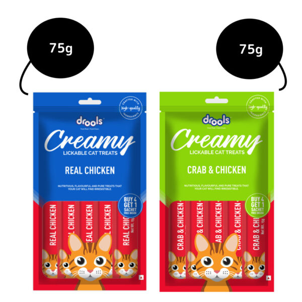 Drools Real Chicken and Crab & Chicken Creamy Cat Treats Combo - 2x75g (10pcs)