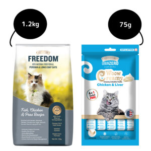 Signature Freedom Fish, Chicken and Peas Recipe Persian Cat Dry Food and Grain Zero Chicken and Liver Lickable Creamy Cat Treats Combo - 1.2kg+75g