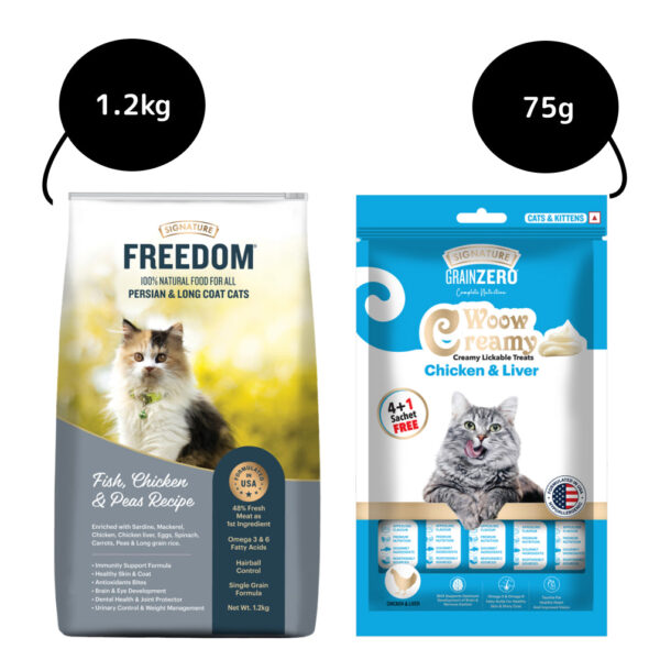 Signature Freedom Fish, Chicken and Peas Recipe Persian Cat Dry Food and Grain Zero Chicken and Liver Lickable Creamy Cat Treats Combo - 1.2kg+75g