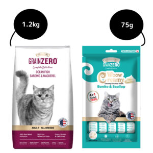 Signature Grain Zero Ocean Fish, Sardine and Mackerel Adult Cat Dry Food and Grain Zero Bonito and Scallop Lickable Creamy Treats for Cats Combo - 1.2kg+75g