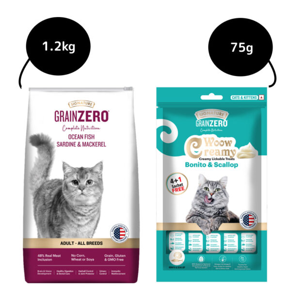 Signature Grain Zero Ocean Fish, Sardine and Mackerel Adult Cat Dry Food and Grain Zero Bonito and Scallop Lickable Creamy Treats for Cats Combo - 1.2kg+75g