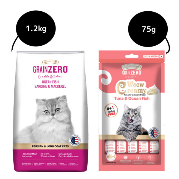 Signature Grain Zero Ocean Fish, Sardine and Mackerel Long Coat & Persian Cat Dry Food and Grain Zero Tuna and Ocean Fish Lickable Creamy Cat Treats - 1.2kg+75g