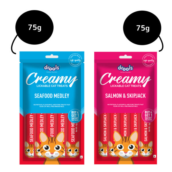 Drools Salmon & Skipjack and Seafood Medley Creamy Cat Treats Combo - 2x75g (10pcs)