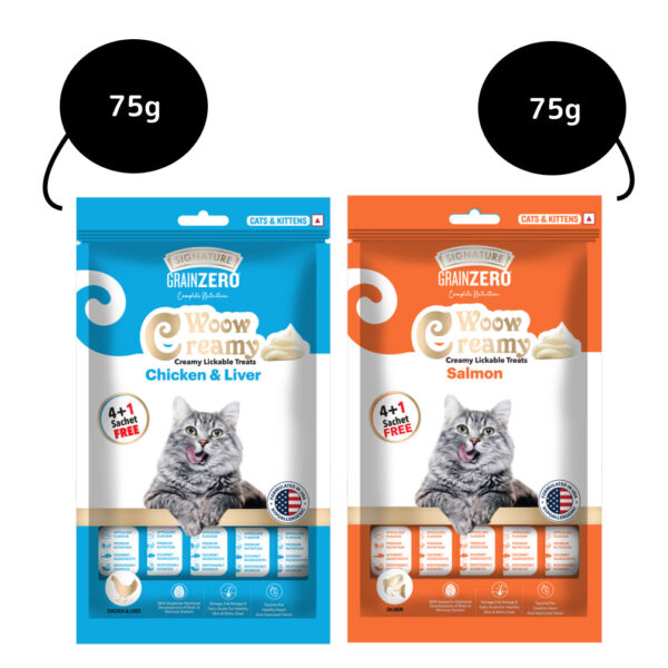 Signature Grain Zero Salmon & Chicken and Liver Lickable Creamy Cat Treats Combo - 2x75g (10pcs)